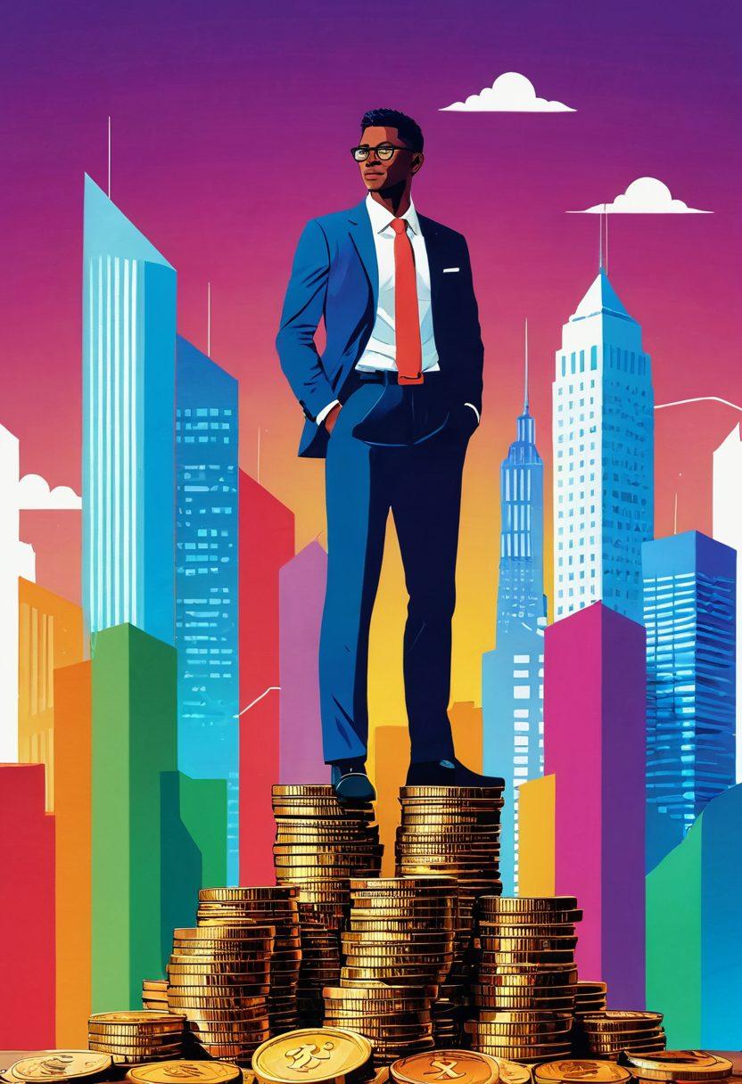 A conceptual illustration of a person standing confidently on top of a large stack of coins, surrounded by colorful charts and graphs illustrating budgeting and cash flow. The background features vibrant city skyscrapers representing economic growth and prosperity. The scene is lively and engaging, symbolizing mastery over finances and sustainable wealth. Include dynamic colors and rich details to draw in the viewer. super-realistic. vibrant colors.