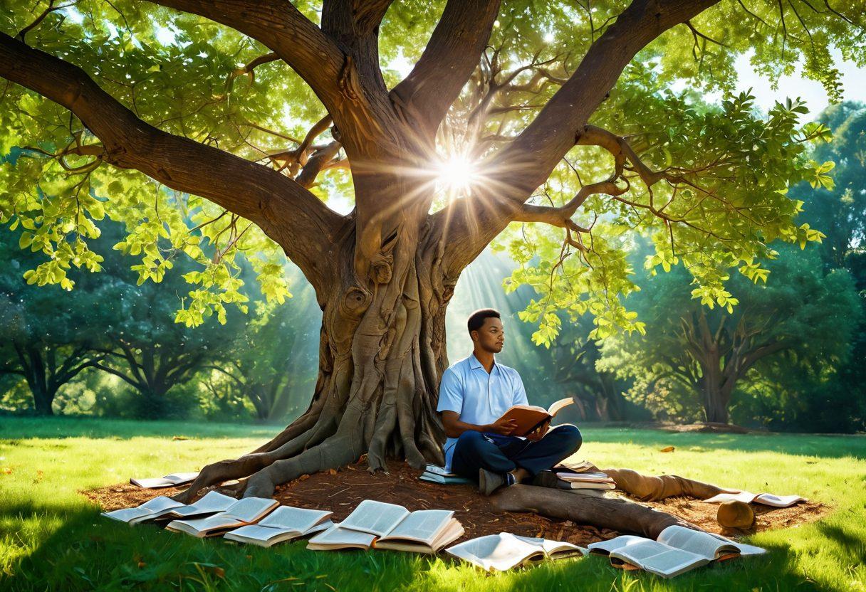 A serene landscape depicting a person sitting under a tree, meditating with open books representing financial strategies around them. The scene conveys a sense of peace and empowerment, with sunlight filtering through leaves, symbolizing growth and enlightenment. Include elements like a wallet, stocks, and currency symbols subtly integrated into nature. super-realistic. vibrant colors. dreamy atmosphere.